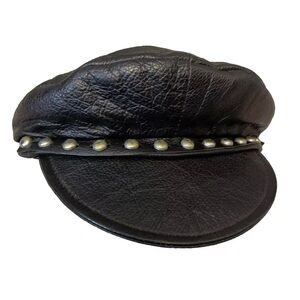 Leather Hat with Studs Band Biker Hat Size S Small Black